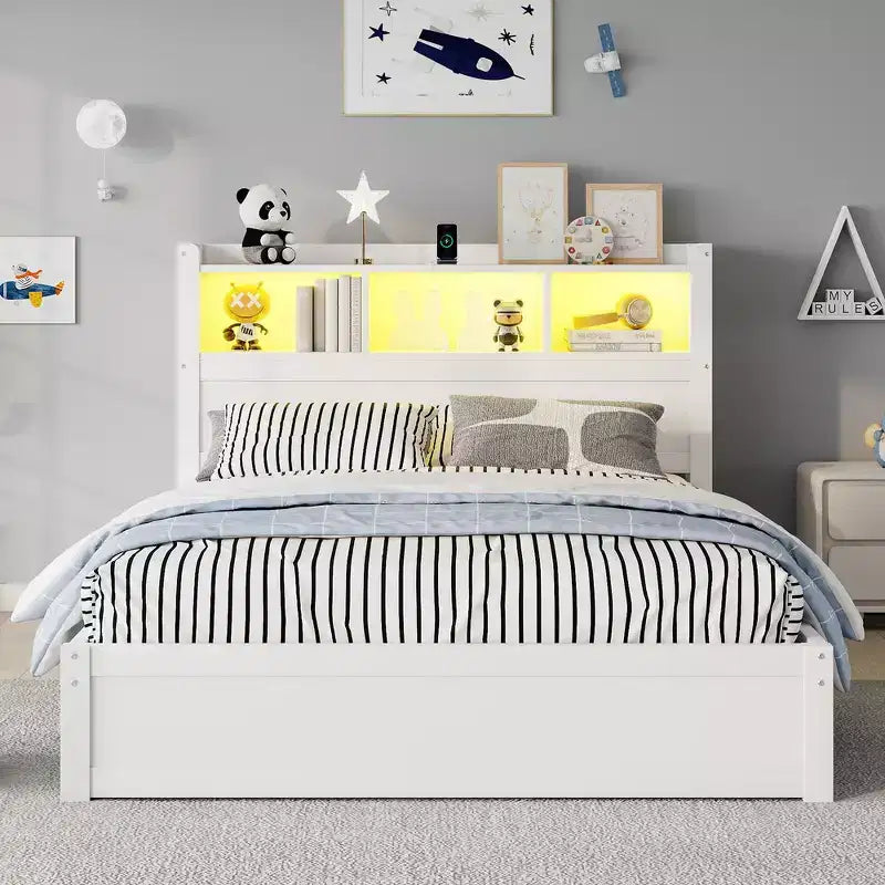 Cadre de lit double, Lit en bois avec tête de lit de rangement et armoire de rangement coulissante, Tiroirs