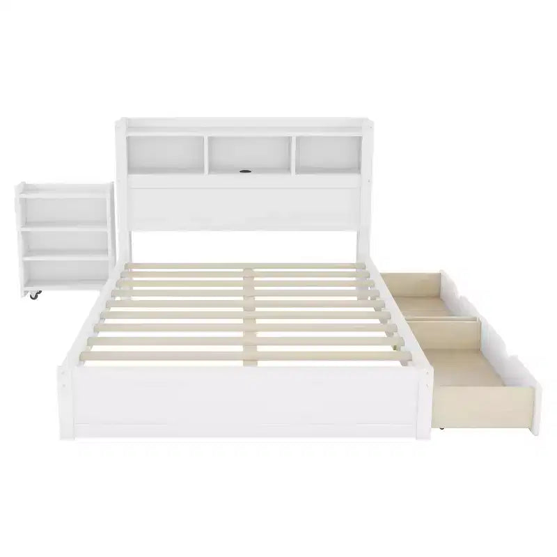 Cadre de lit double, Lit en bois avec tête de lit de rangement et armoire de rangement coulissante, Tiroirs