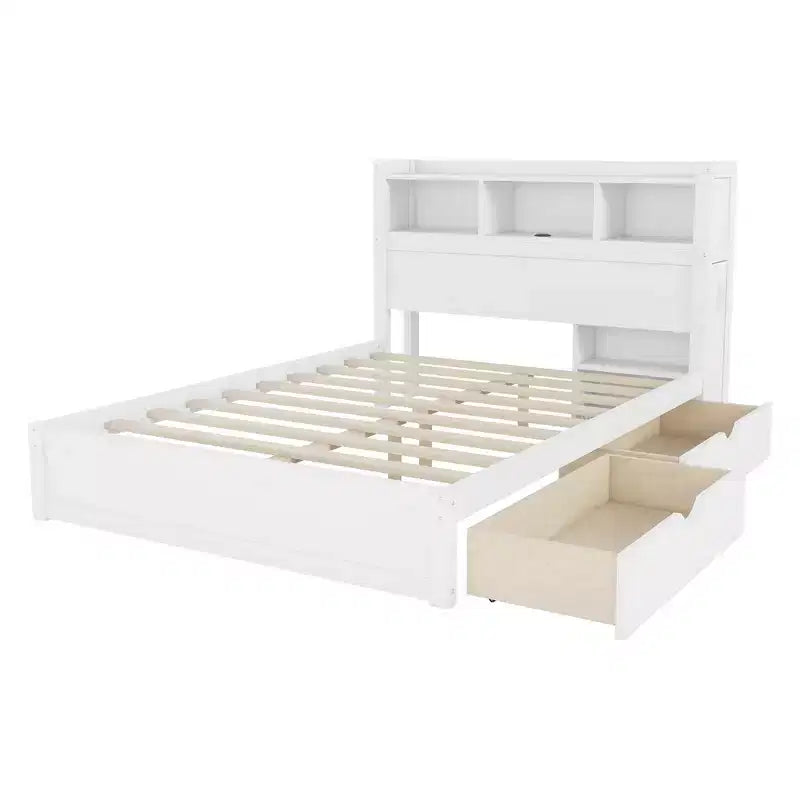 Cadre de lit double, Lit en bois avec tête de lit de rangement et armoire de rangement coulissante, Tiroirs
