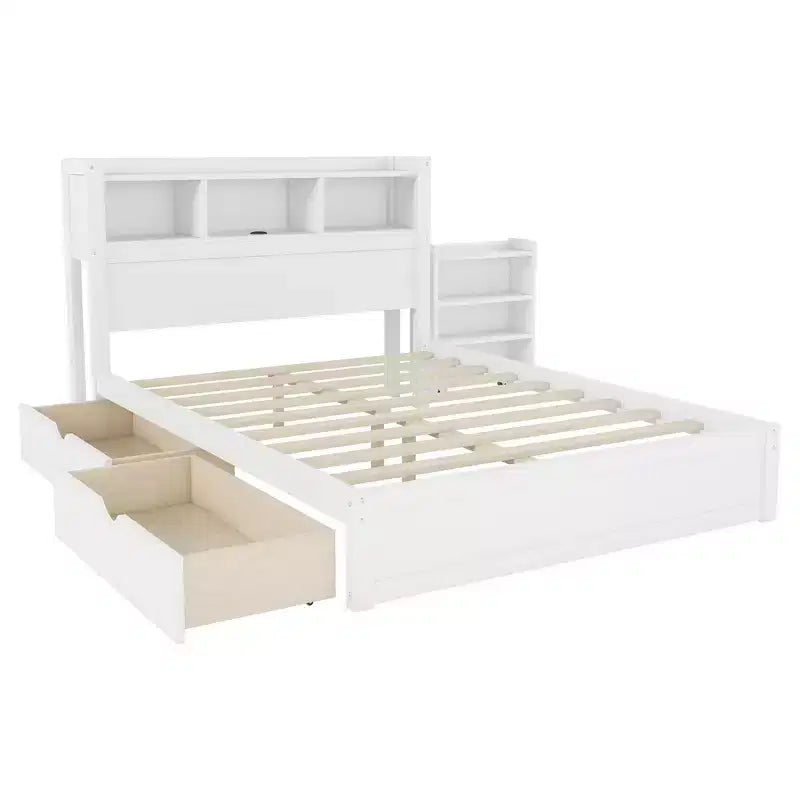 Cadre de lit double, Lit en bois avec tête de lit de rangement et armoire de rangement coulissante, Tiroirs