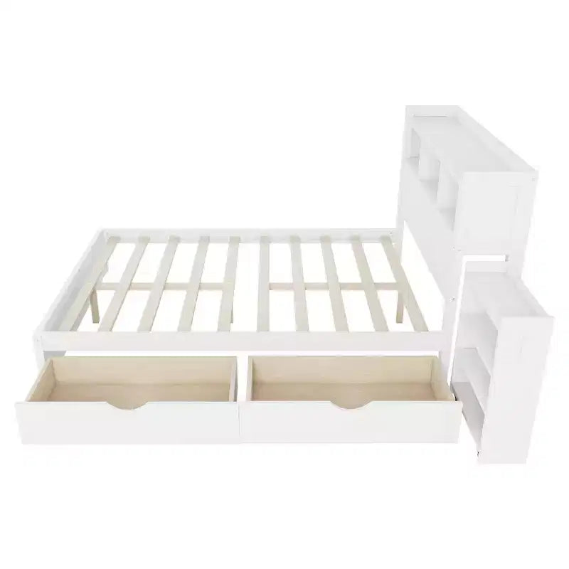 Cadre de lit double, Lit en bois avec tête de lit de rangement et armoire de rangement coulissante, Tiroirs