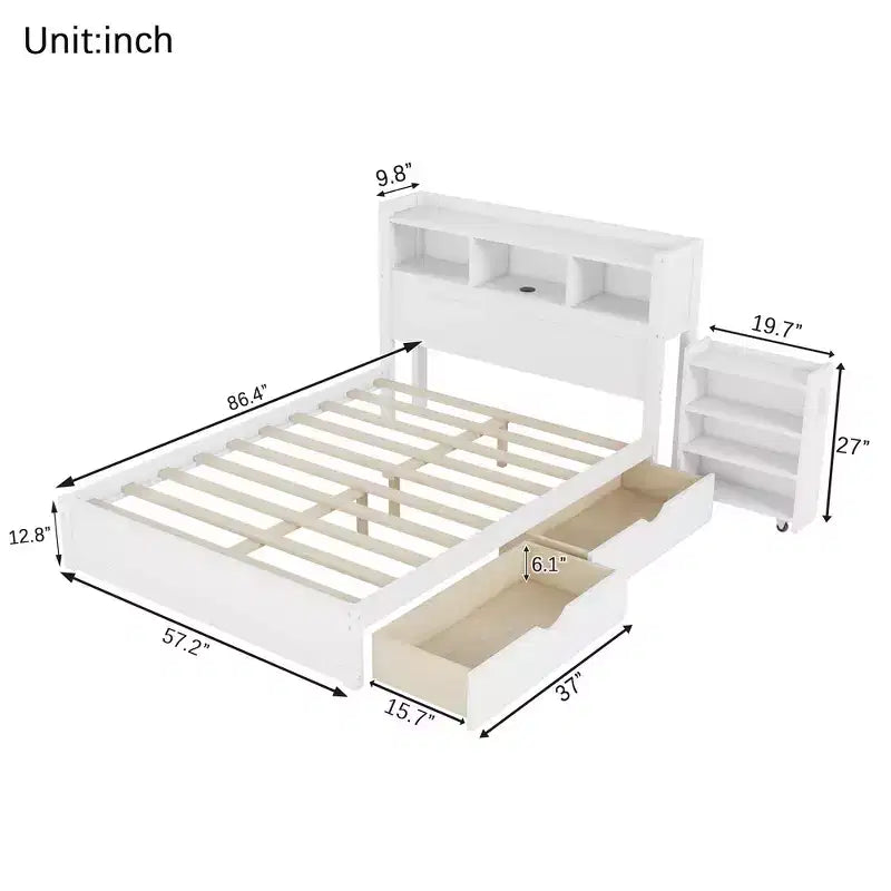 Cadre de lit double, Lit en bois avec tête de lit de rangement et armoire de rangement coulissante, Tiroirs
