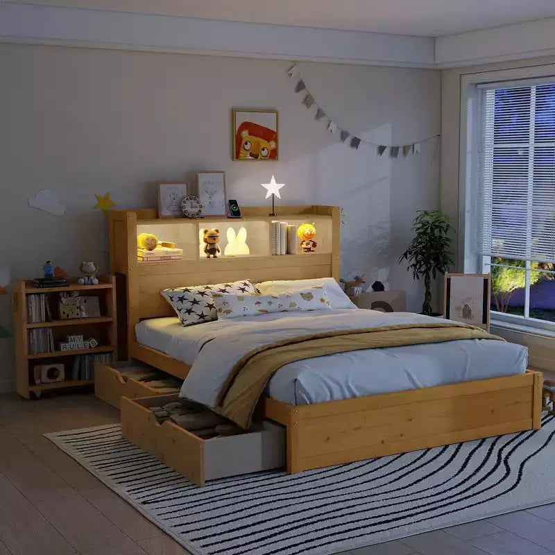 Cadre de lit double, Lit en bois avec tête de lit de rangement et armoire de rangement coulissante, Tiroirs