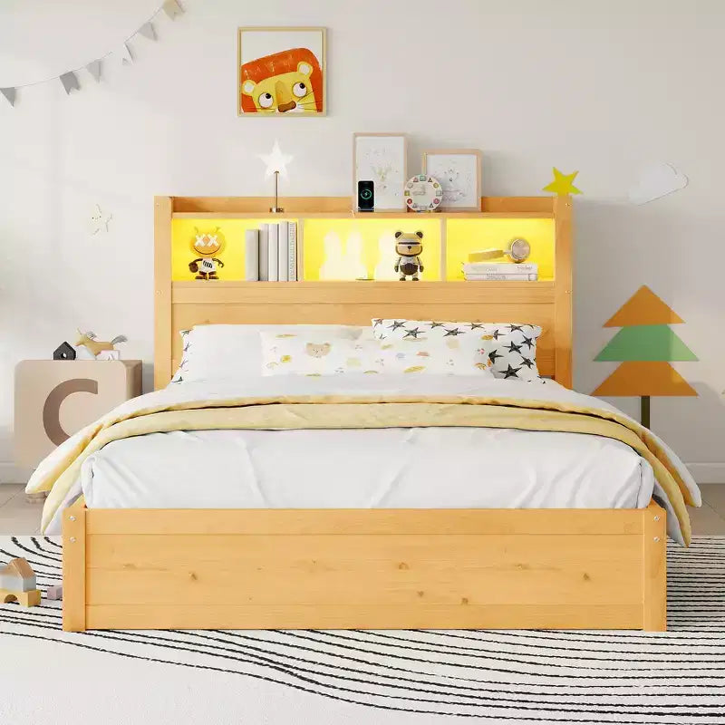Cadre de lit double, Lit en bois avec tête de lit de rangement et armoire de rangement coulissante, Tiroirs