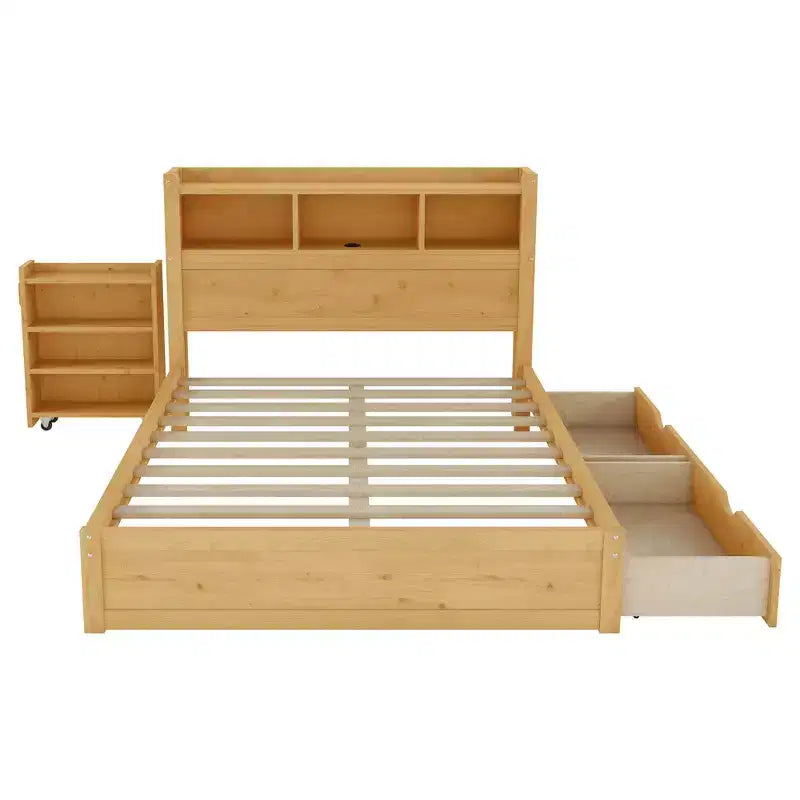 Cadre de lit double, Lit en bois avec tête de lit de rangement et armoire de rangement coulissante, Tiroirs
