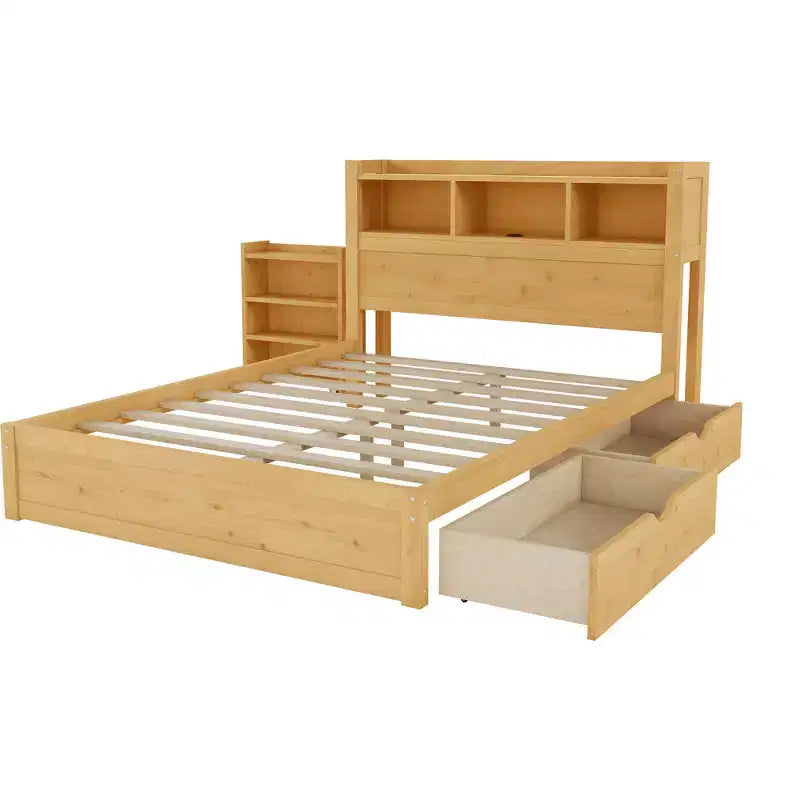 Cadre de lit double, Lit en bois avec tête de lit de rangement et armoire de rangement coulissante, Tiroirs