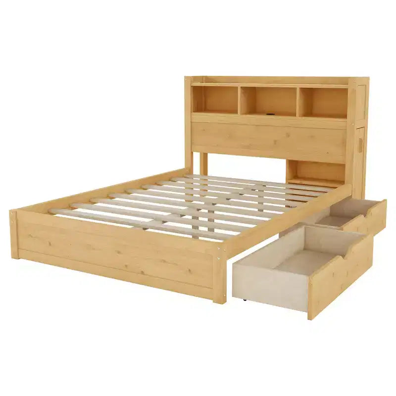 Cadre de lit double, Lit en bois avec tête de lit de rangement et armoire de rangement coulissante, Tiroirs