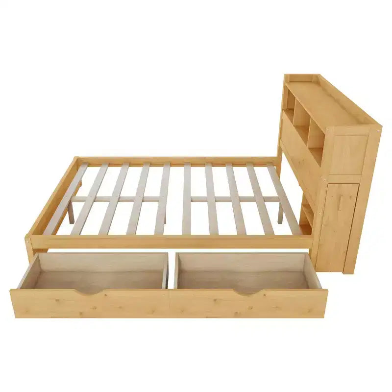Cadre de lit double, Lit en bois avec tête de lit de rangement et armoire de rangement coulissante, Tiroirs