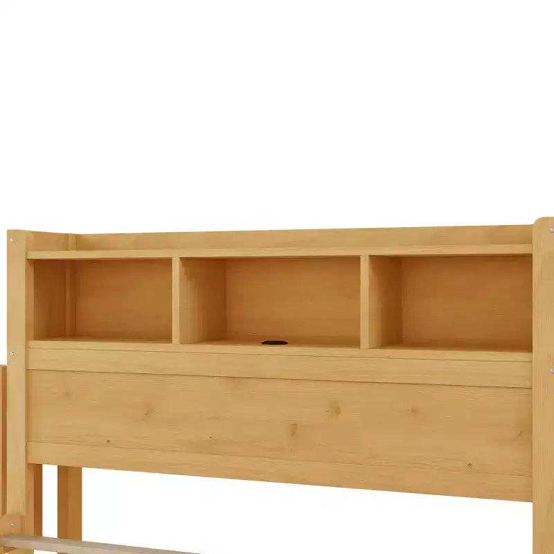 Cadre de lit double, Lit en bois avec tête de lit de rangement et armoire de rangement coulissante, Tiroirs