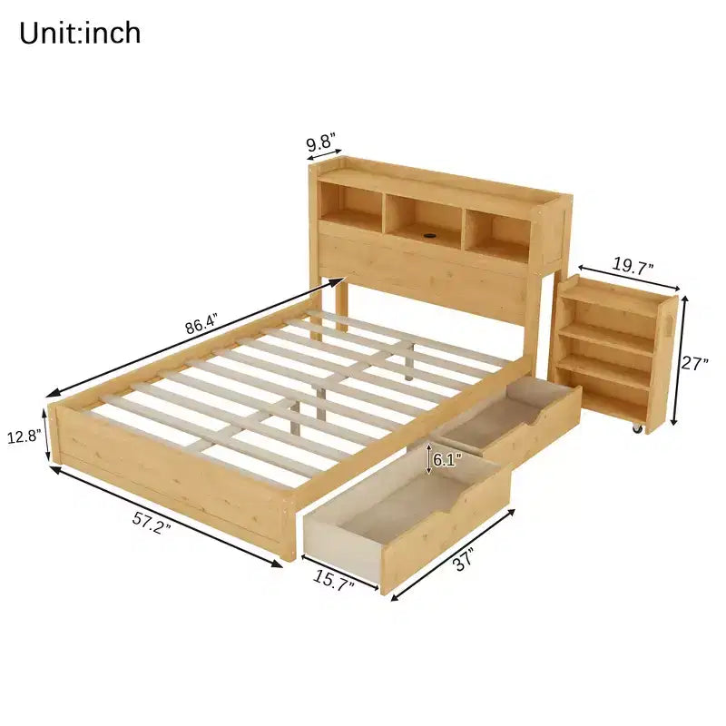 Cadre de lit double, Lit en bois avec tête de lit de rangement et armoire de rangement coulissante, Tiroirs