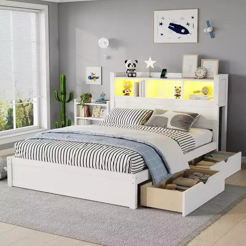 Cadre de lit double, Lit en bois avec tête de lit de rangement et armoire de rangement coulissante, Tiroirs